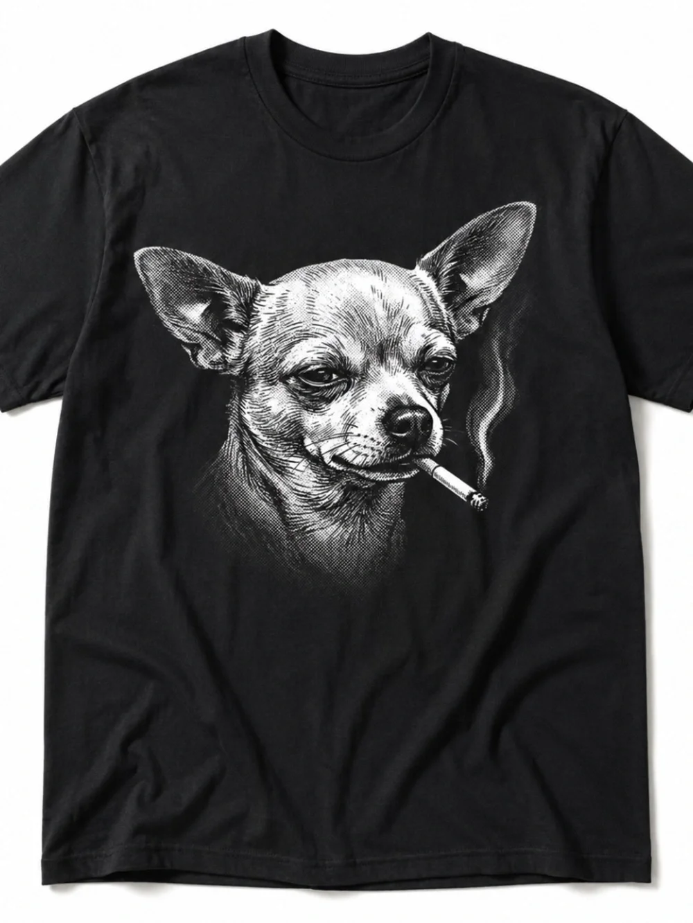 Gildan Black Tee with White Smoking Chihuahua Illustration